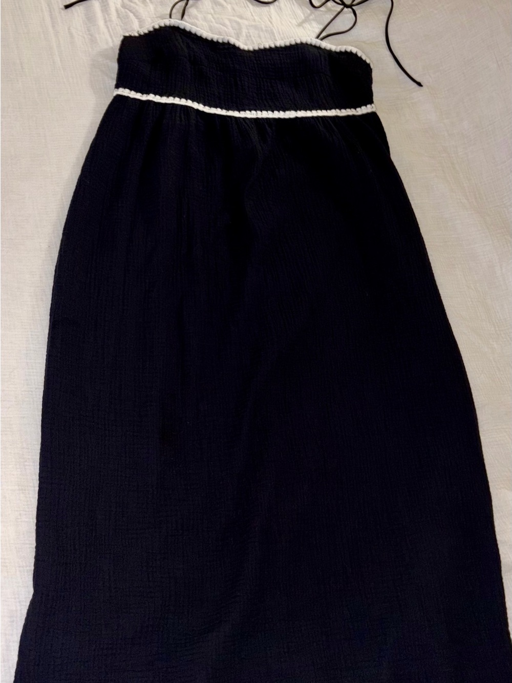Black maxi style dress with white trim & adjustable straps